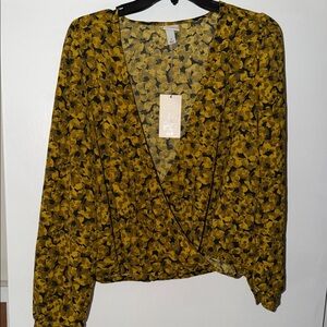 a new day Floral Wrap Blouse - Mustard and Black
